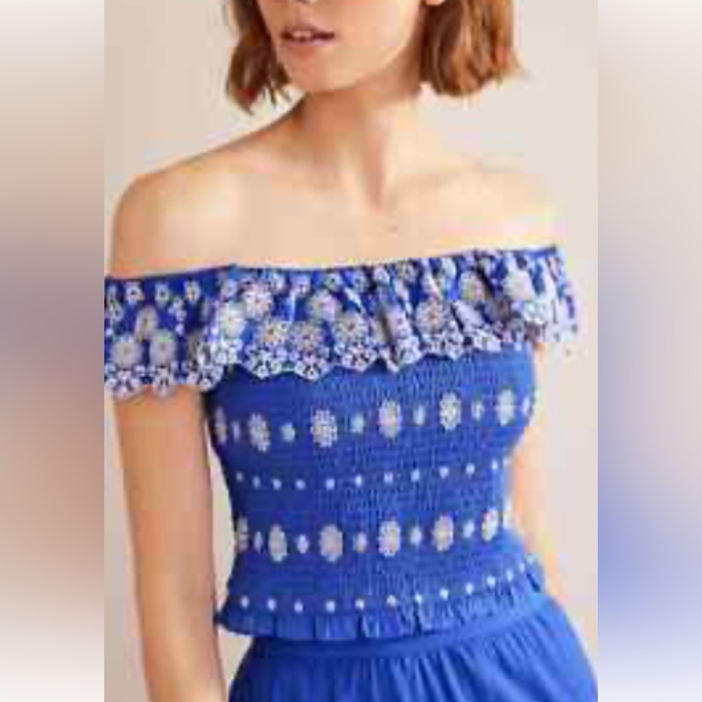 Boden Off Shoulder Broderie Anglaise  Smocked Floral Ruffle Island Sapphire Top